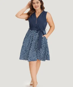 Polka Dot Patchwork Zip Belted Pocket Sleeveless Dress -Clothing Shop 978996392 xb