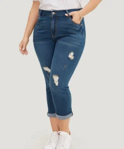 Very Stretchy Dark Wash Roll Hem Cropped Jeans -Clothing Shop 979141179 hp