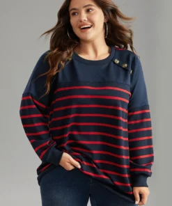 Striped Patchwork Button Detail Sweatshirt