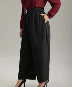 Static-Free Solid Glitter Buckle Detail Belted Pants -Clothing Shop 979863932 rn