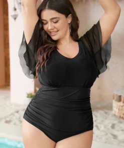 Knotted Back Ruched Mesh Ruffle Sleeve One Piece Swimsuit -Clothing Shop 98001524 tg fa7d644c 1fac 4a65 b2c5 41ab227be0fd