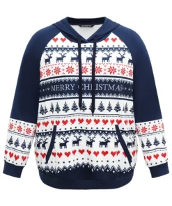 Christmas Pocket Rib Knit Hooded Raglan Sleeve Sweatshirt -Clothing Shop 980113053 fs