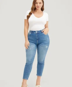 Moderately Stretchy High Rise Dark Wash Cropped Jeans -Clothing Shop 98029351 it