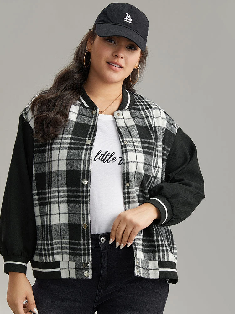 Plaid Button Through Pocket Baseball Collar Bomber Jacket 8 Plaid Button Through Pocket Baseball Collar Bomber Jacket - Image 6