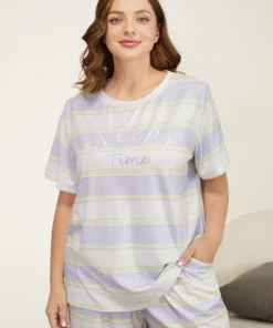 Striped & Letter Print Pocket Contrast Sleep Top -Clothing Shop 982728455 ex