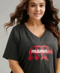 Plaid Bear Patchwork Round Neck T-shirt -Clothing Shop 982748045 tl