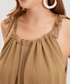 Plain Textured Pocket Halter Tie Overall Jumpsuit -Clothing Shop 983261764 ne