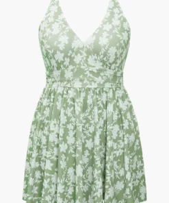 Floral Print V Neck Ruffle Hem Ruched Detail Swim Dress -Clothing Shop 98354774 ct