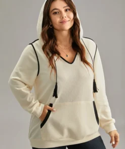 Contrast Hooded Tassel Trim Knit Sweatshirt -Clothing Shop 983985649 tf