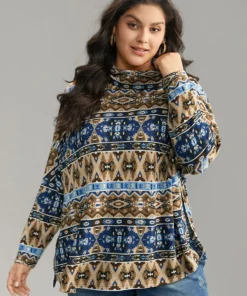 Bandana Print Turtleneck Split Hem T-shirt