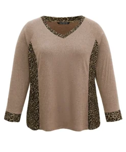 Leopard Patchwork V Neck Raglan Sleeve T-shirt -Clothing Shop 9846403 eg