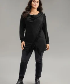 Cowl Neck Tassels Button Detail Wrap Sweatshirt -Clothing Shop 9851727 cj