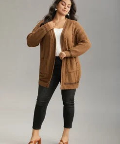 Plain Cable Knit Pocket Open Front Cardigan -Clothing Shop 985206281 xm