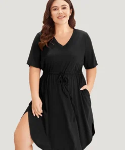 Supersoft Essentials Plain Pocket Curved Hem Drawstring V Neck Dress -Clothing Shop 985376251 wo 01168bb6 3464 4c06 9b2e 864ce5241fcc