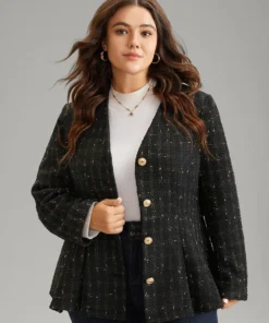 Tweed Metal Detail Belted V Neck Blazer -Clothing Shop 985855053 rc