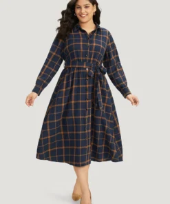 Plaid Shirt Collar Button Fly Belted Dress -Clothing Shop 986584512 sa