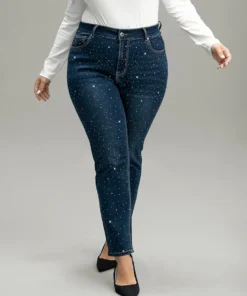 Rhinestone Detail Dark Wash Straight Leg Jeans