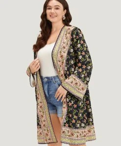 Boho Print Ruffle Sleeve Open Front Kimono -Clothing Shop 987393223 pn