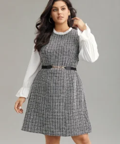 Plaid Patchwork Ruffle Trim Knee Dress