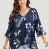 Floral Asymmetrical Hem Ruffle Trim Flounce Sleeve Blouse