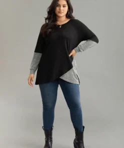 Two Tone Patchwork Heather Arc Hem T-shirt -Clothing Shop 988371139 bk 83e402e9 95a8 4434 8a76 a71346b5cc96