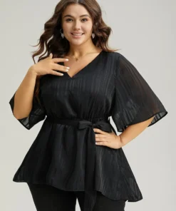 Solid Chiffon Belted High Low Hem Blouse