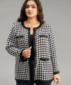 Twill Houndstooth Button Detail Pocket Coat -Clothing Shop 988654806 bw