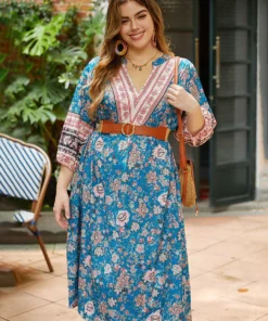 Floral Print Notched Lantern Sleeve Contrast Dress -Clothing Shop 988705785 nm