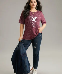 Horoscope Print Vintage Crew Neck T-shirt -Clothing Shop 988871709 ht