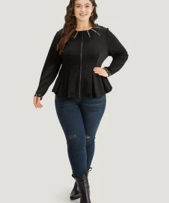 Pearl Beaded Zipper Plicated Detail Coat -Clothing Shop 989136474 qd