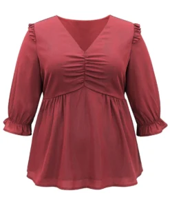 Solid Frill Trim Ruched Elastic Waist Blouse -Clothing Shop 989526435 ls