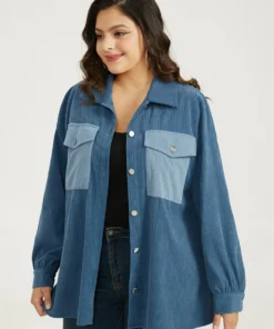 Two Tone Flap Pocket Button Up Corduroy Coat -Clothing Shop 990243794 bp