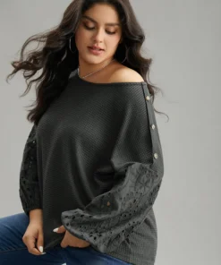 Waffle Knit Boat Neck Guipure Lace T-shirt