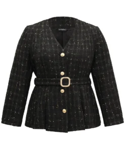 Tweed Metal Detail Belted V Neck Blazer -Clothing Shop 990386549 ns