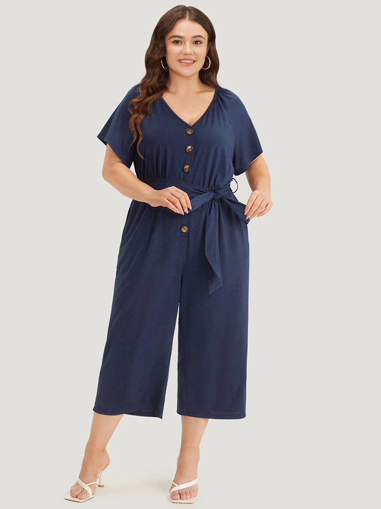 Solid Button Up V Neck Belted Gathered Flutter Sleeve Jumpsuit 5 Solid Button Up V Neck Belted Gathered Flutter Sleeve Jumpsuit - Image 3