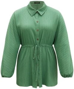 Plain Shirt Collar Drawstring Button Through Lantern Sleeve Coat -Clothing Shop 990579953 qt