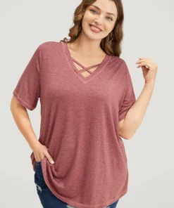 Solid Crisscross Neck Contrast Stitch T-shirt -Clothing Shop 991356227 co 6fb491ec 8051 4706 b625 fdf97fa1e741