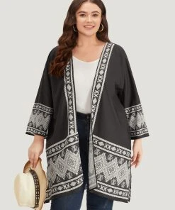 Boho Print Open Front Pocket Split Hem Kimono