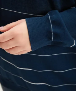 Striped Metal Button Detail Elastic Cuffs Pullover -Clothing Shop 992161031 qa