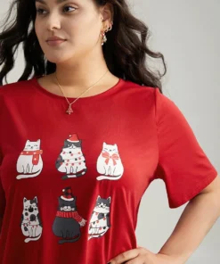 Christmas Cat Print Round Neck T-shirt -Clothing Shop 99287900 bh