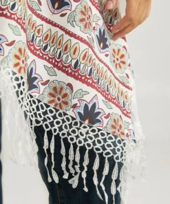 Boho Print Asymmetrical Hem Tassel Trim Drape Kimono -Clothing Shop 992886550 zv