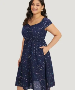 Star Glitter Pocket Ruched Square Neck Dress -Clothing Shop 992950534 ve