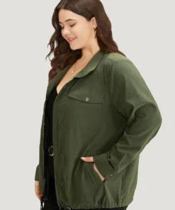 Plain Drawstring Hem Zipper Fly Flap Pocket Jacket -Clothing Shop 993322984 vv