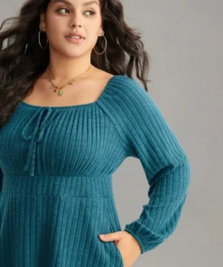 Rib Knit Ties Square Neck Lantern Sleeve Dress -Clothing Shop 993387611 lh