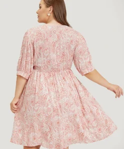 Floral Puff Sleeve Pocket Flutter Keyhole Knot Neck Dress -Clothing Shop 993536144 xf