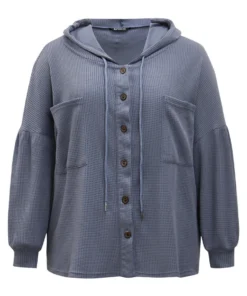 Plain Texture Pocket Button Through Drawstring Hooded Jacket -Clothing Shop 994092811 oh