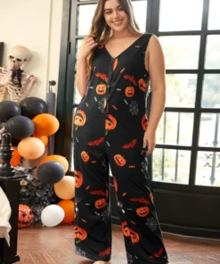 Halloween Print Button Detail Sleeveless Sleep Jumpsuit -Clothing Shop 996179790 ei