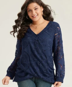 Plain Embroidered Guipure Lace Wrap Blouse -Clothing Shop 99624921 fc