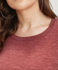 Solid Round Neck Lace Hem Long Tee -Clothing Shop 99676944 ub