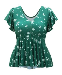 Floral Print V Neck Ruffle Sleeve Tankini Top 18 Floral Print V Neck Ruffle Sleeve Tankini Top -Clothing Shop 996876179 sa